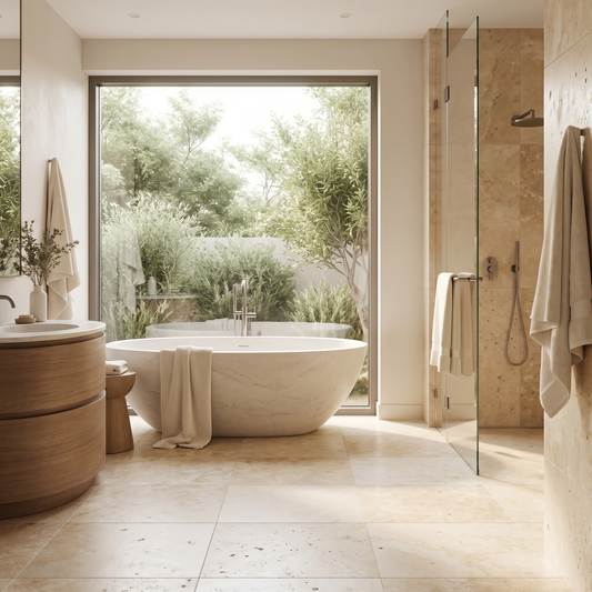 Ivory white travertine honed 12x12 tile shown in a spa bathroom