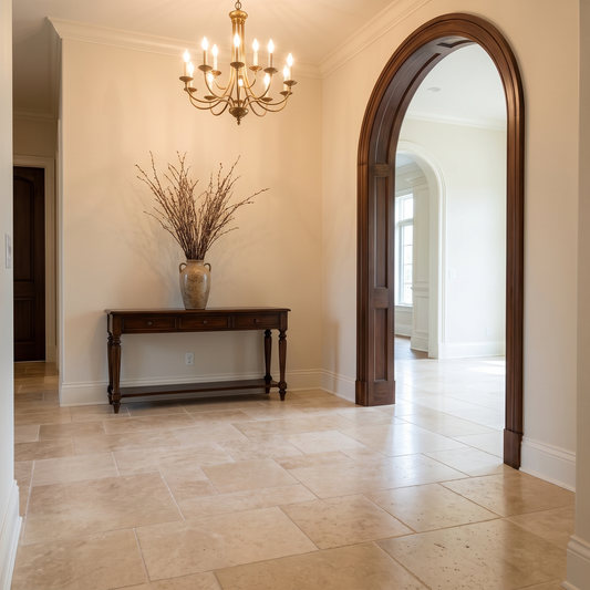 Ivory white travertine honed 18x18 tile shown in an entryway hallway