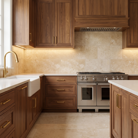 Ivory white travertine honed 6x12 tile shown as a kitchen backsplash