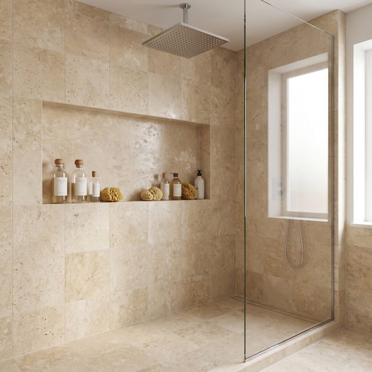 Ivory white travertine honed 6x6 tile shown on a walk-in shower wall