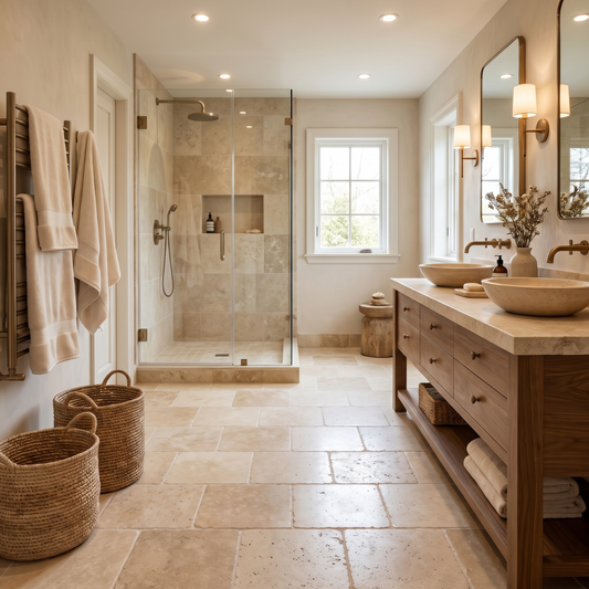 Ivory white travertine tumbled 6x12 tile shown on a luxury bathroom floor