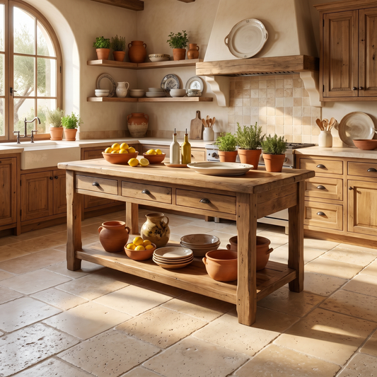 Ivory white travertine tumbled 12x12 tile shown in a Mediterranean kitchen