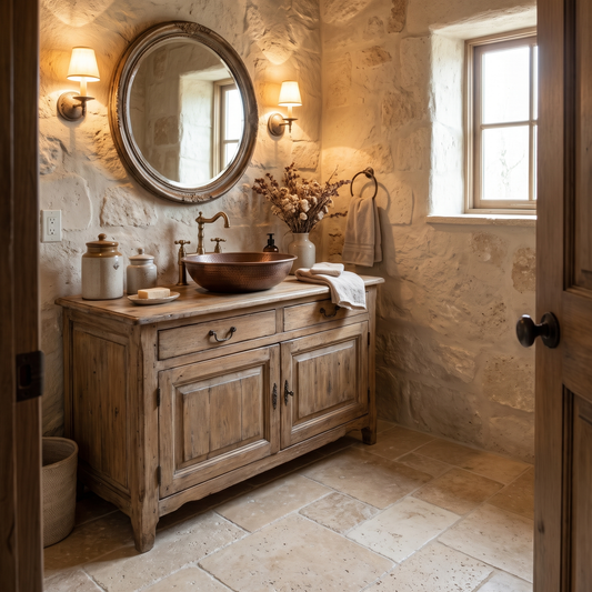 Ivory white travertine tumbled 6x6 tile shown in a rustic powder room