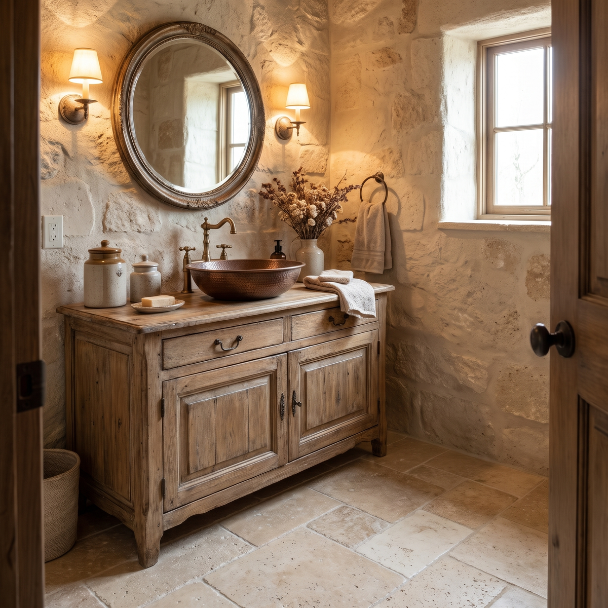 Ivory white travertine tumbled 6x6 tile shown in a rustic powder room
