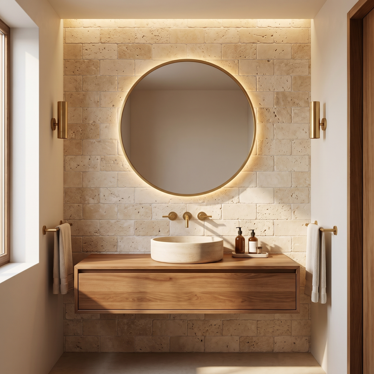 Ivory white travertine tumbled 3x6 tile shown on a bathroom accent wall