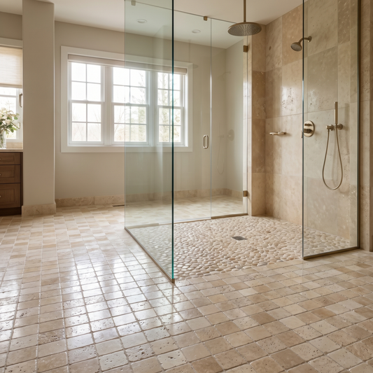 Ivory white travertine tumbled 4x4 tile shown on a spa shower floor