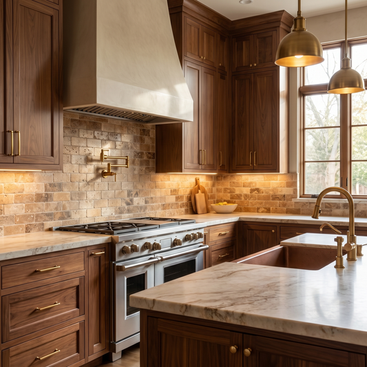Noce travertine tumbled 3x6 tile shown as a kitchen backsplash