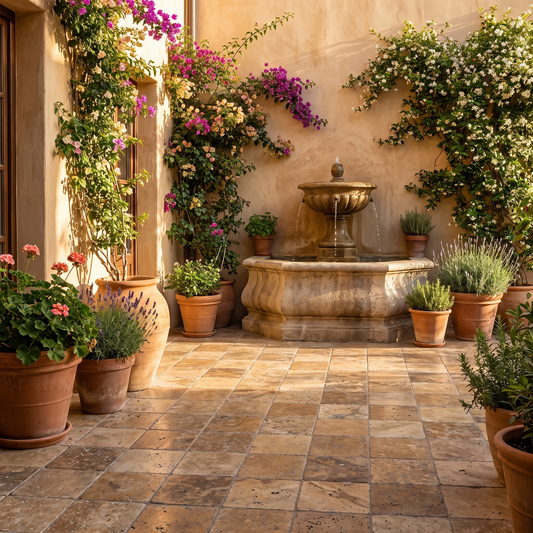 Noce travertine tumbled 8x8 tile shown in a Mediterranean courtyard