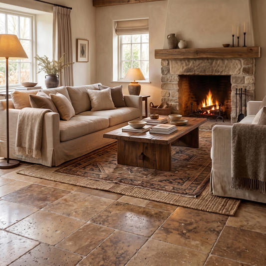 Noce travertine tumbled 12x12 tile shown in a living room