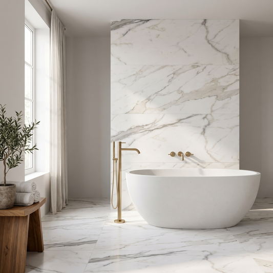 Calacatta Gold honed 12x24 marble tile shown in a luxury bathroom