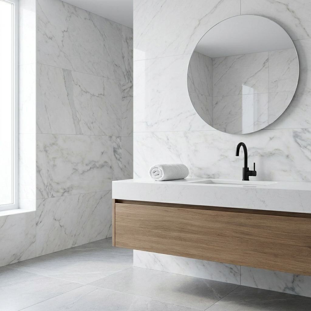 Oriental White marble bathroom with honed tile walls and vanity backsplash