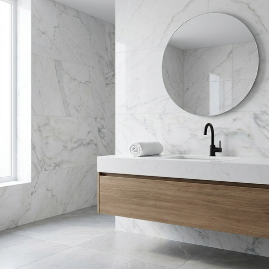 Oriental White marble bathroom with polished tile walls and vanity backsplash