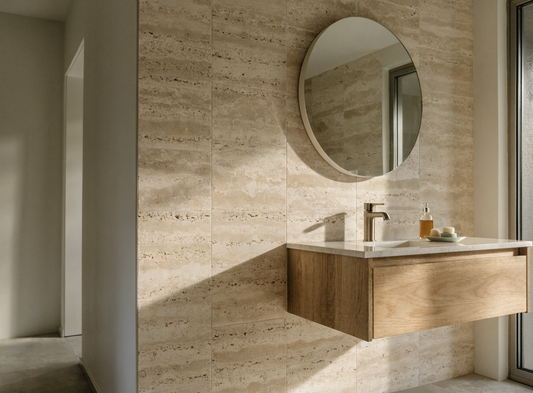 Ivory beige vein-cut travertine tile bathroom feature wall lifestyle