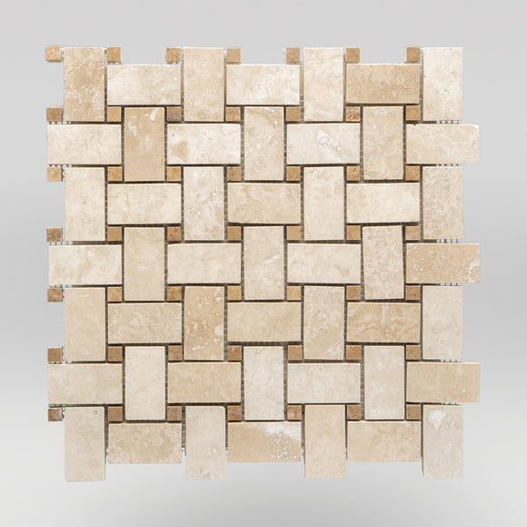 Ivory (White) Travertine Honed Basket Weave with Noce Travertine Dots Travertine Mosaic Basket Weave with Noce Travertine Dots / Honed / Basket Weave with Noce Travertine Dots BigAppleMarble.com