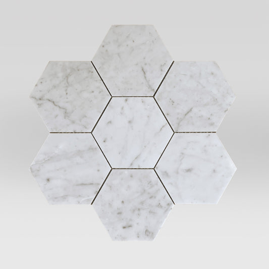 White Carrara Honed Hexagon 5" Marble Mosaic