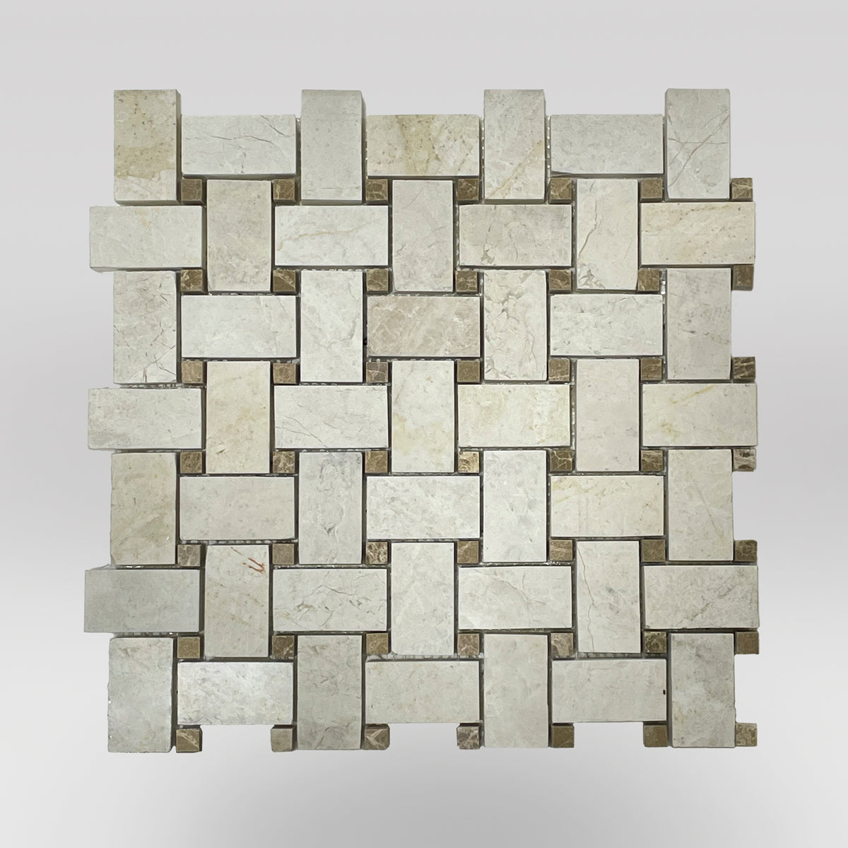 Botticcino Polished Basket Mosaic with Emperador Dots