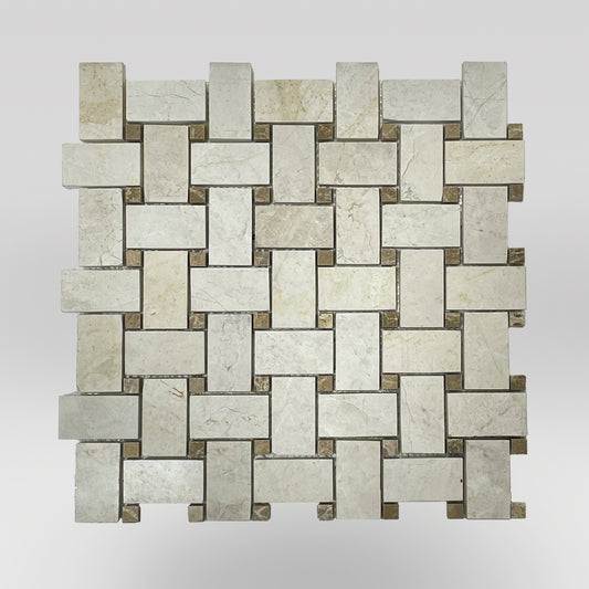 Botticcino Polished Basket Mosaic with Emperador Dots