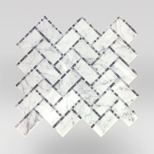 Chevron Weave Carrara and Bardiglio Gray Marble Mosaic