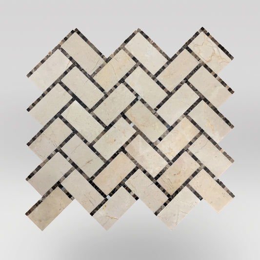 Chevron Weave Crema Marfil and Dark Emperador Marble Mosaic