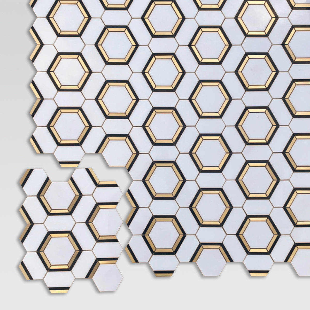 Fancy Hex Brass Thassos and Black Marble Mosaic