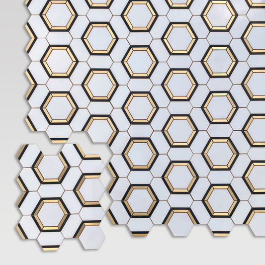 Fancy Hex Brass Thassos and Black Marble Mosaic