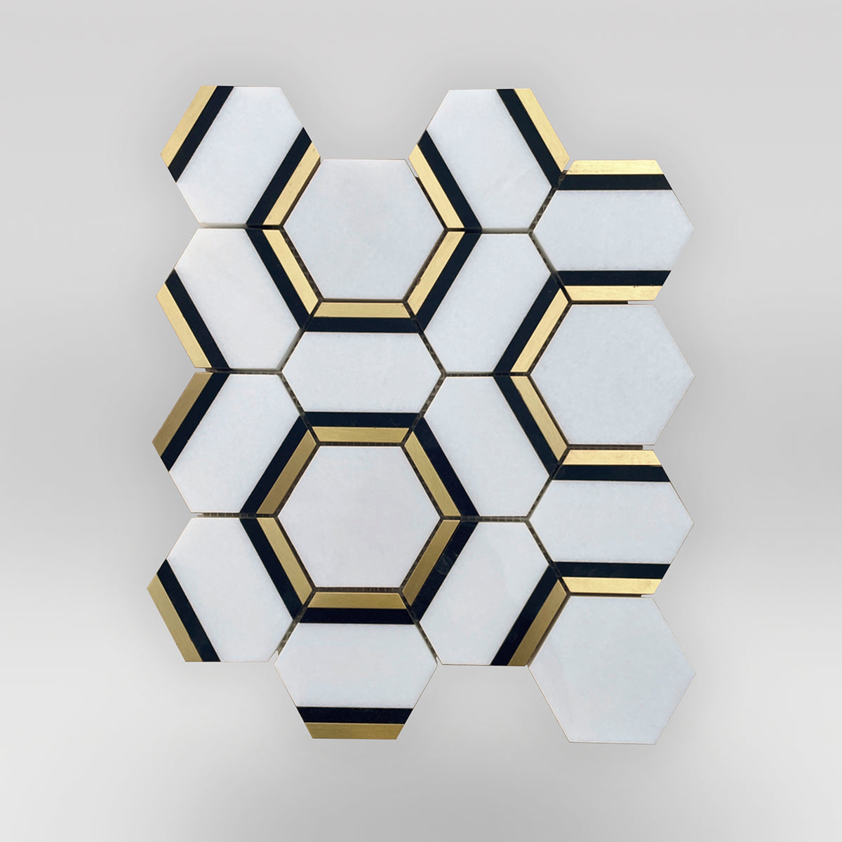 Fancy Hex Brass Thassos and Black Marble Mosaic
