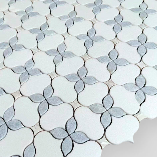 Floral Design Thassos and Blue Celeste Marble Mosaic
