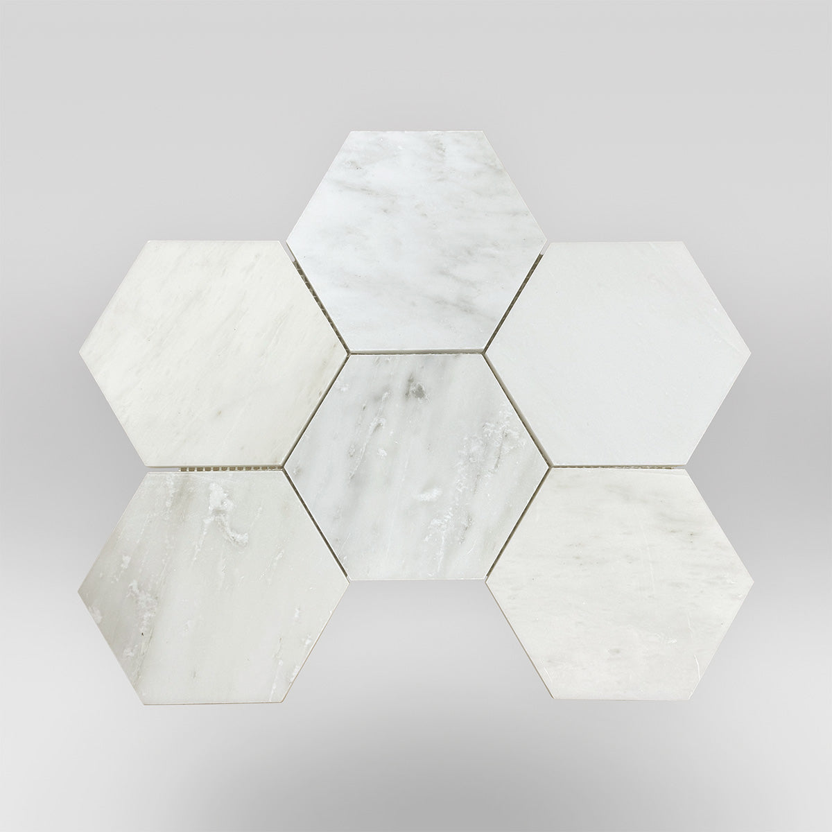 Oriental White Marble Mosaic 5" Hexagon on a light gray background.