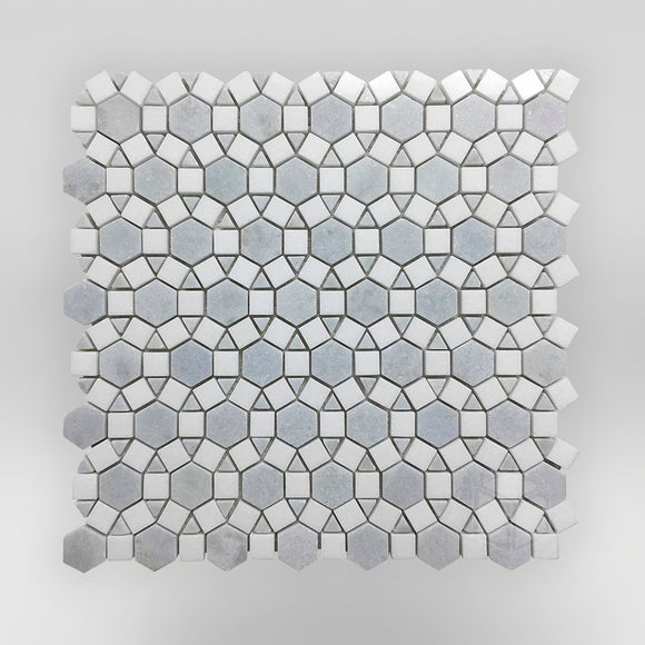 Blue Celeste Basketweave Mosaic w/Thassos Dot Polished - Decorative  Materials