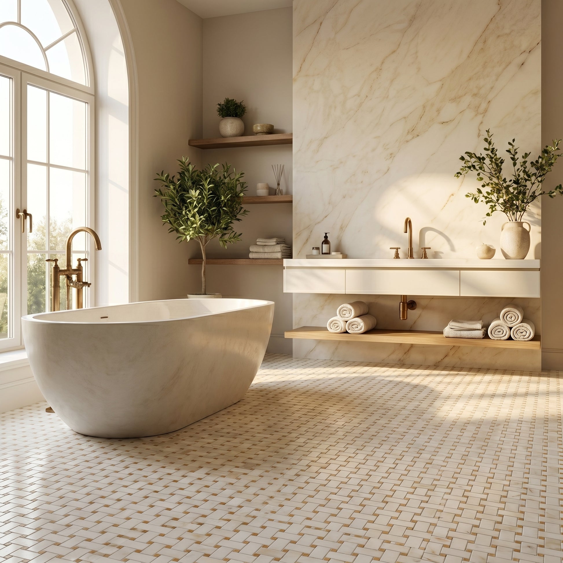 Afyon Sugar basket weave marble mosaic bathroom floor