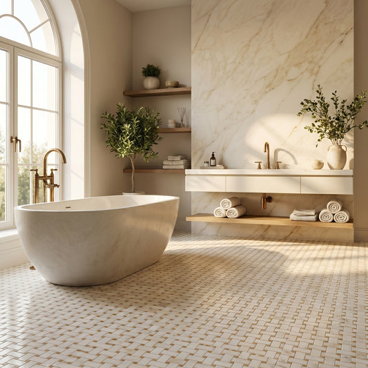 Afyon Sugar basket weave marble mosaic bathroom floor