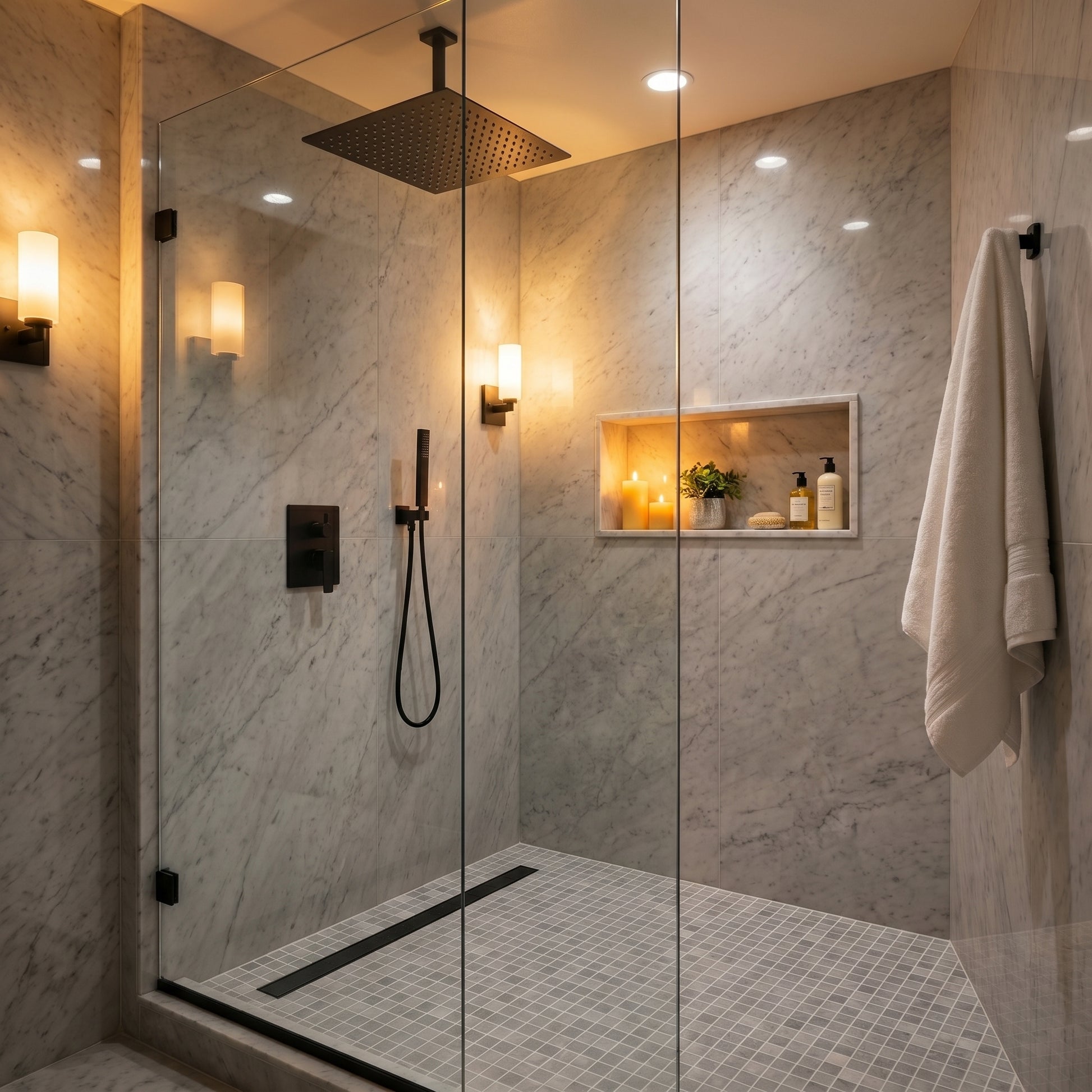 Bardiglio 1x1 marble mosaic shower floor