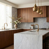 Bardiglio herringbone marble mosaic kitchen backsplash