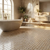 Botticcino basket weave with emperador dots bathroom floor