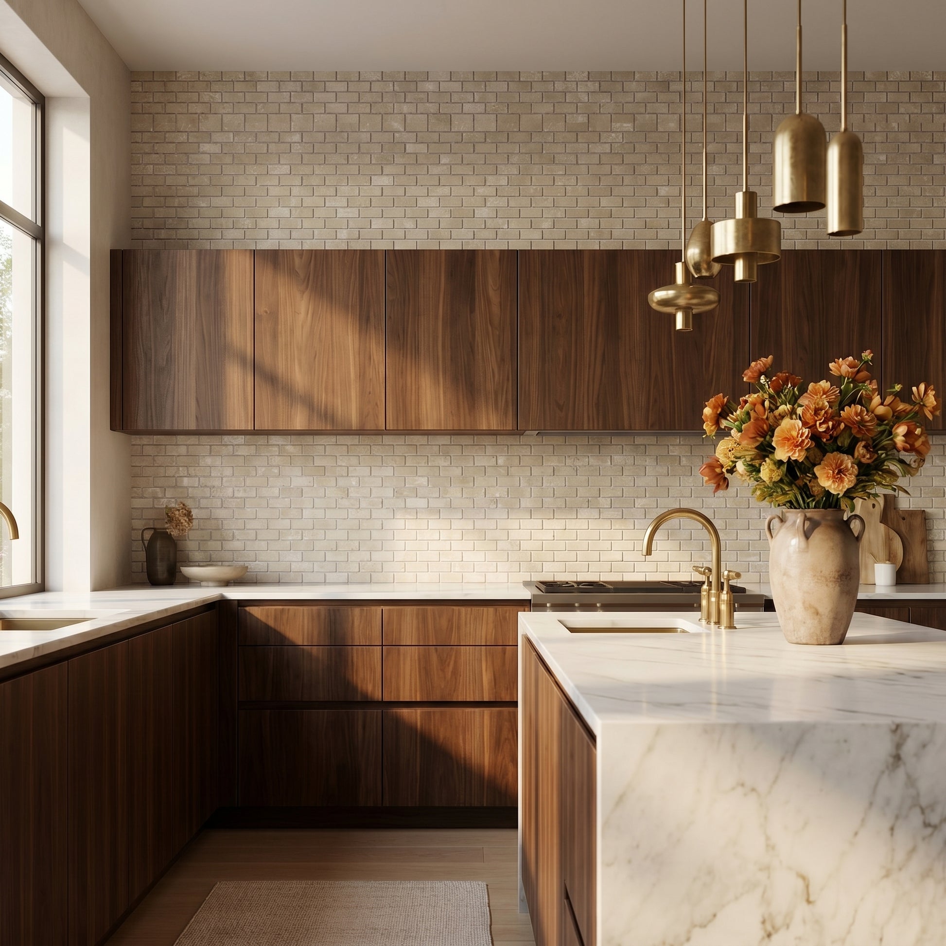 Botticcino tumbled 1x2 marble mosaic kitchen backsplash