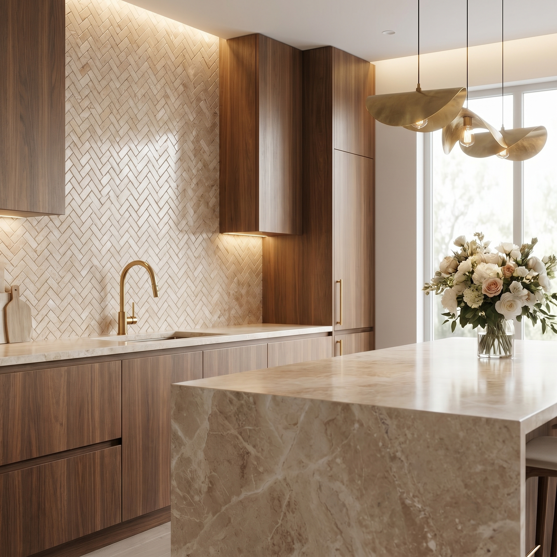 Bursa Beige herringbone marble mosaic kitchen backsplash