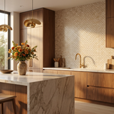 Bursa Beige 1x2 marble mosaic kitchen backsplash