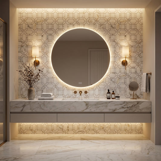 Calacatta Gold and Dolomite waterjet marble mosaic bathroom feature wall