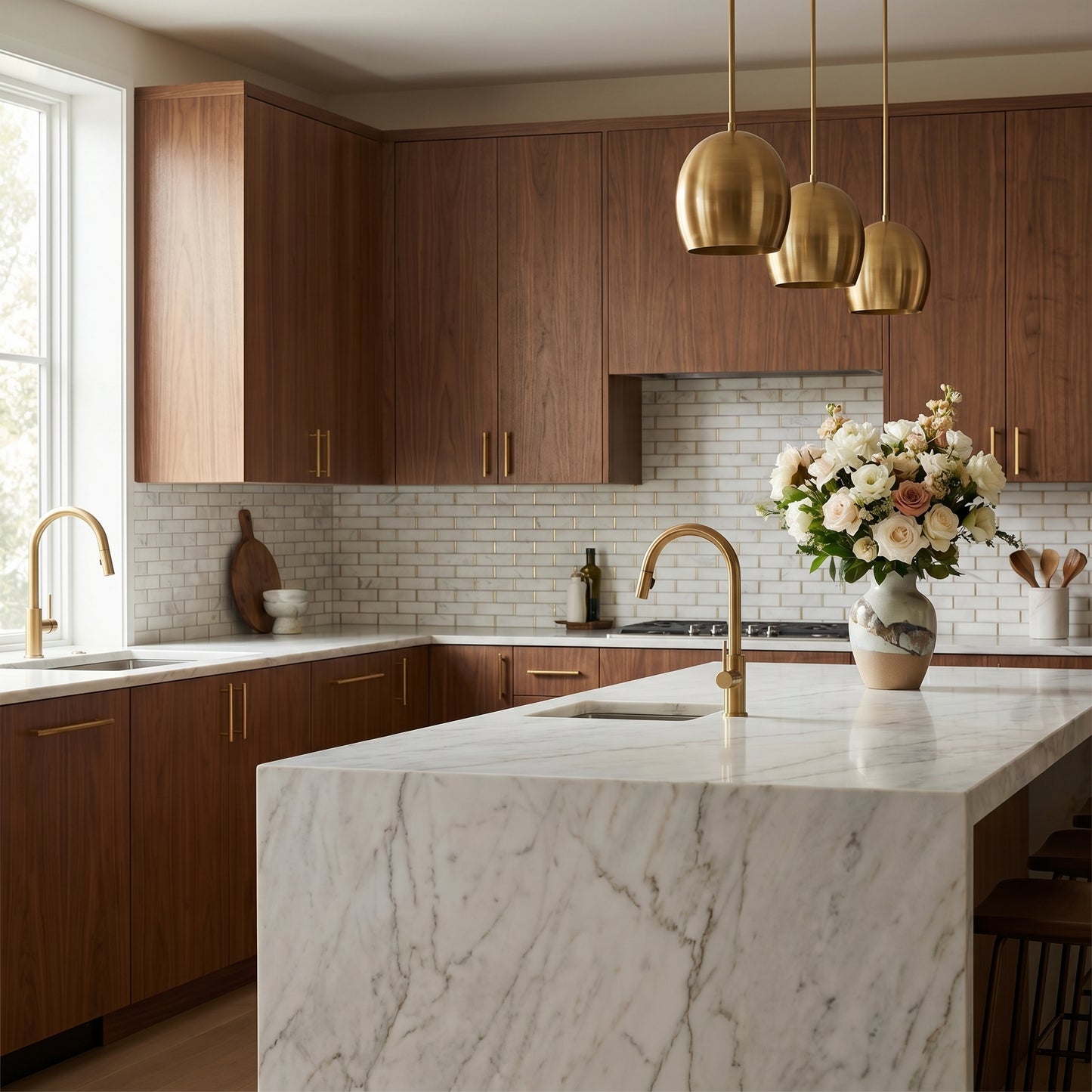 Calacatta Gold brass brick marble mosaic kitchen backsplash