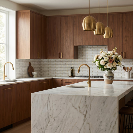 Calacatta Gold brass brick marble mosaic kitchen backsplash