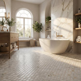 Calacatta Gold honed 2x2 marble mosaic bathroom floor