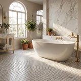 Calacatta Gold honed basket weave with crema marfil dots bathroom floor