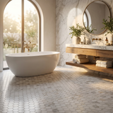 Calacatta Gold honed hexagon marble mosaic bathroom floor