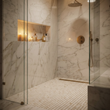 Calacatta Gold polished penny round marble mosaic shower floor