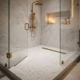 Calacatta Gold polished 5/8 marble mosaic shower floor
