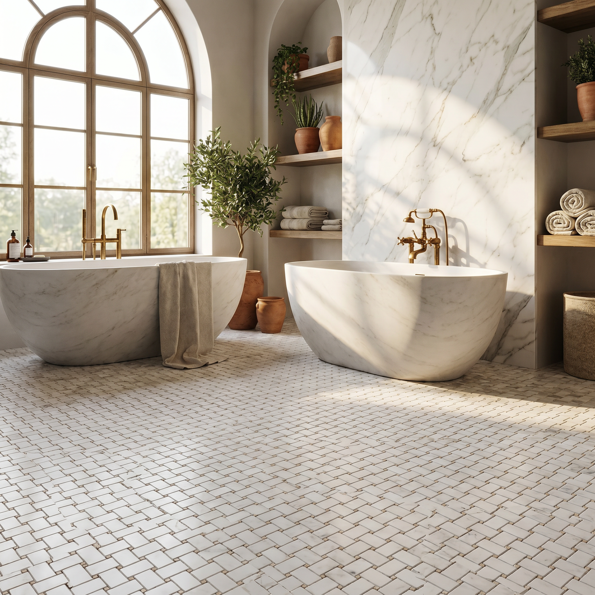 Calacatta Gold polished basket weave with crema marfil dots bathroom floor