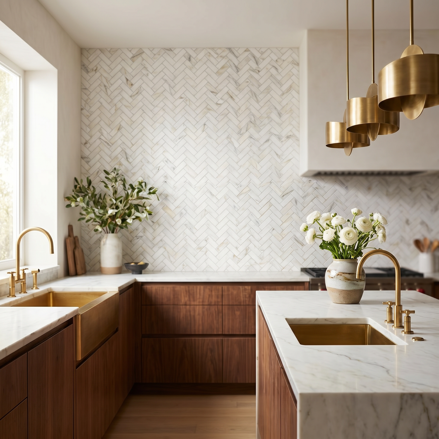 Calacatta Gold polished herringbone marble mosaic kitchen backsplash