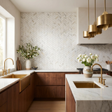 Calacatta Gold polished herringbone marble mosaic kitchen backsplash