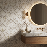 Calacatta Gold polished lantern marble mosaic bathroom feature wall