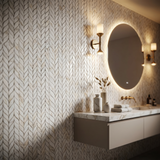 Calacatta Gold polished leaf marble mosaic bathroom feature wall